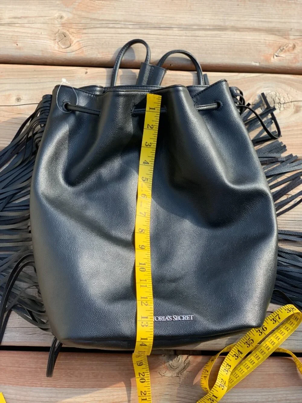 Victoria’s Secret Black Fringe Backpack Faux Leather Drawstring Bucket Bag Purse